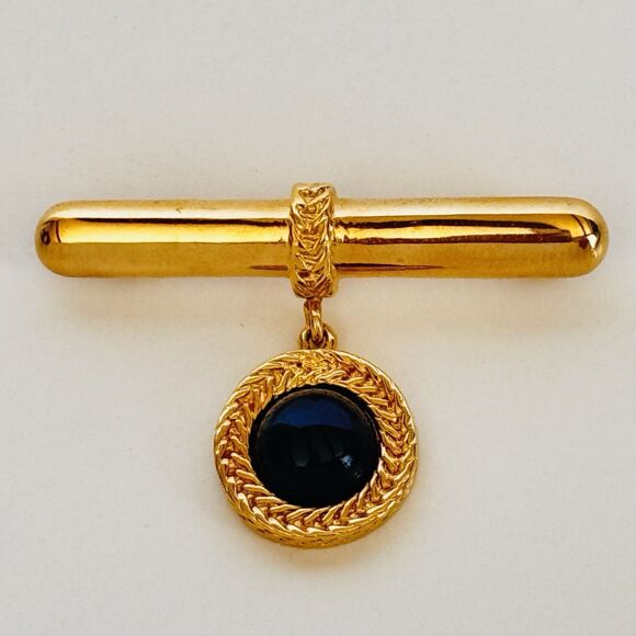 Monet Jewelry - Vintage Monet Bar Dangle Brooch Gold And Black Cabochon Medallion 2” Signed